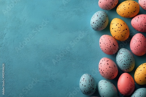Colorful Decorated Eggs Arranged on a Blue Background for Spring Celebration