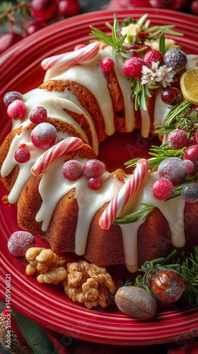 Holiday Bundt Cake Decorated With Berries and Festive Elements on a Red Plate