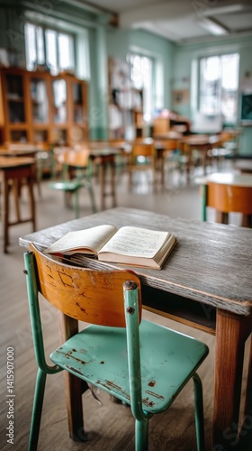 Desks and an Open Book in a Vintage Classroom Setting During Daylight Hours
