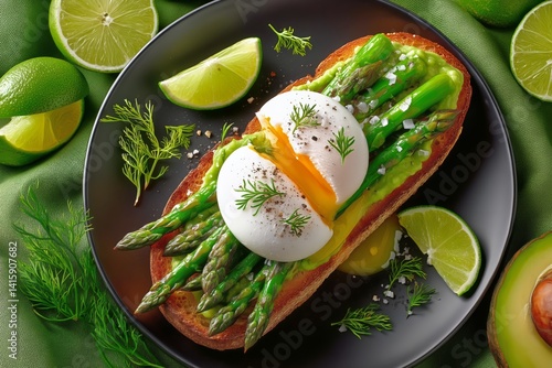 Delicious Avocado Toast Topped With Poached Eggs and Fresh Asparagus Served o...