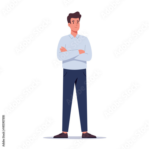 Confident young man standing with crossed arms wearing casual shirt and dark pants flat design vector illustration