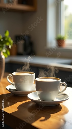 Steaming cups of coffee sit on a wooden table in a cozy kitchen with sunlight streaming through the window