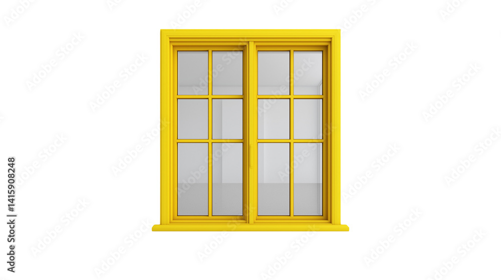 A rectangular glass window within a sturdy yellow frame, often made of metal providing clear visibility while offering support and structure isolated on white background or transparent png A rectangular glass window within a sturdy yellow frame, often made of metal providing clear visibility while offering support and structure isolated on white background or transparent png