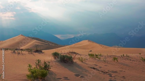 Scenic desert landscape with sand dunes and distant mountains