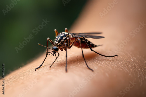 Close-Up Macro Image: Mosquito Resting on Human Neck, Visible Hair Follicles, Skin Texture, Delicate Shadows, High-Definition Visualization