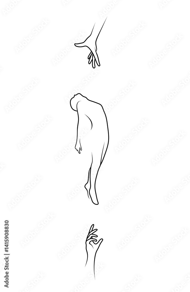 Emotional minimalistic illustration of a man floating between two outstretched arms. Concept of loss, support or spiritual awakening. Suitable for projects related to psychology, meditation Emotional minimalistic illustration of a man floating between two outstretched arms. Concept of loss, support or spiritual awakening. Suitable for projects related to psychology, meditation