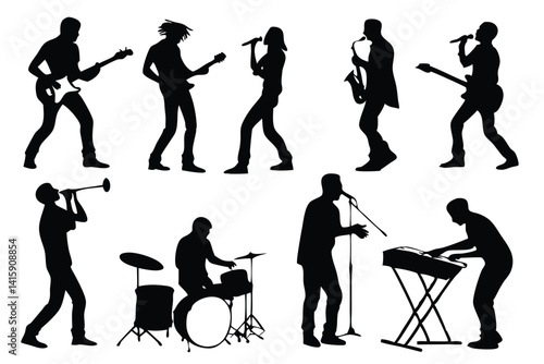 Black silhouette musicians with white background