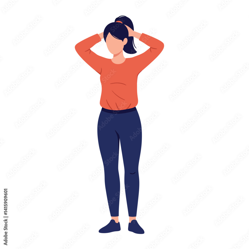 Young woman tying hair in ponytail wearing casual long sleeve shirt and pants flat minimal vector illustration Young woman tying hair in ponytail wearing casual long sleeve shirt and pants flat minimal vector illustration