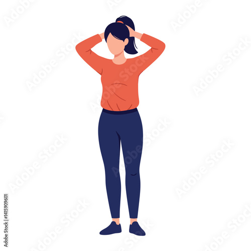 Young woman tying hair in ponytail wearing casual long sleeve shirt and pants flat minimal vector illustration
