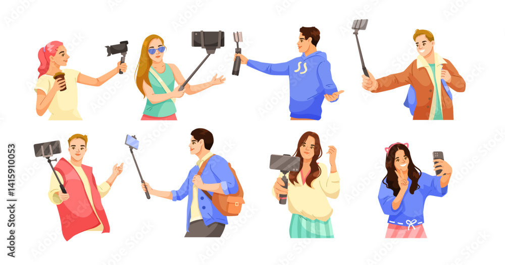 Fototapeta premium Group of diverse young people using smartphones, selfie sticks, and vlogging cameras, cartoon style on white background. Concept of influencers. Vector illustration