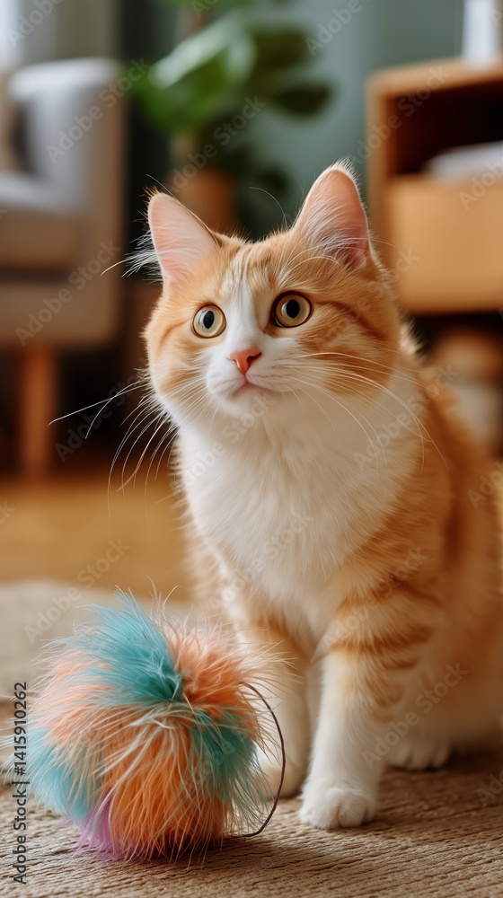 Curious Ginger Cat Playing With Colorful Feather Ball in Cozy Living Room Curious Ginger Cat Playing With Colorful Feather Ball in Cozy Living Room