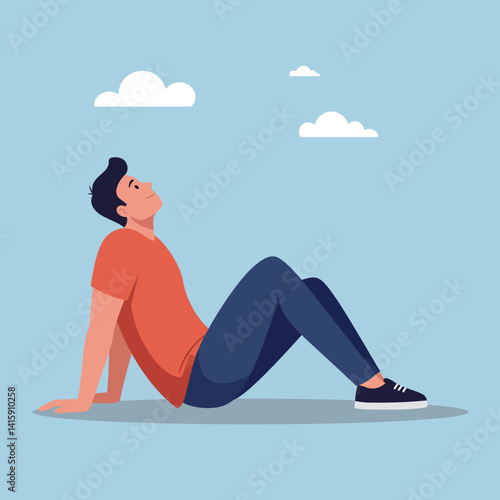 Young man relaxing in casual clothes sitting on ground under clear sky with clouds flat minimal vector art
