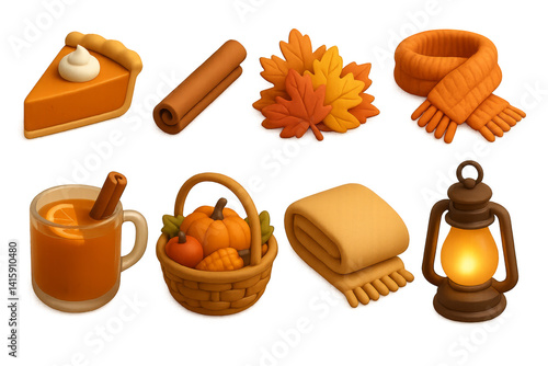 3D Cozy autumn essentials: pumpkin pie, lantern, basket, and more icons