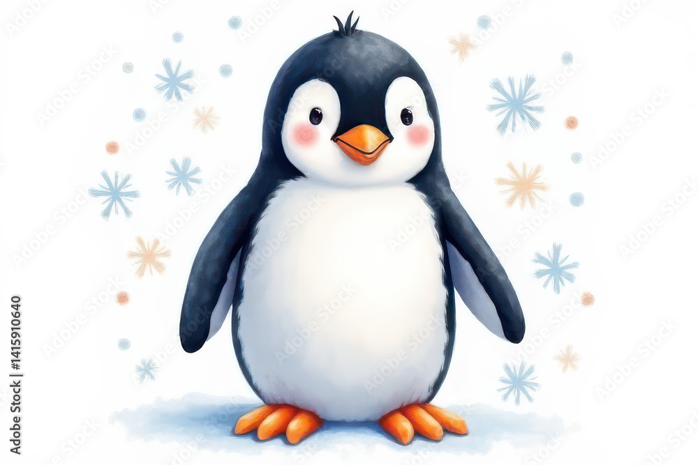Fototapeta premium Watercolor Penguin Illustration: Soft Pastel Tones, Abstract Snowflakes, Dreamy Aesthetic, High-Resolution Midjourney Render