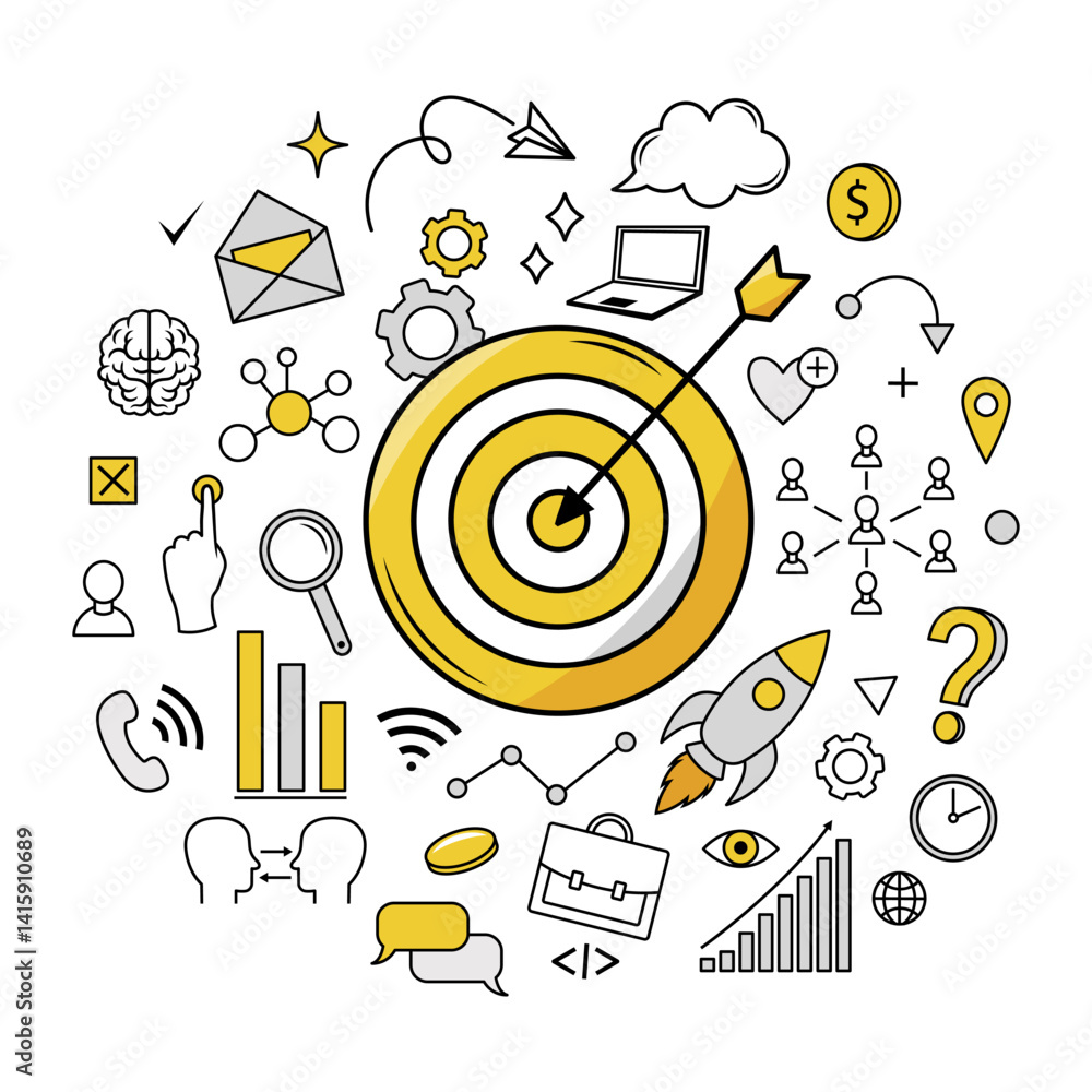 Fototapeta premium Yellow and black business strategy icons surrounding a bullseye target with arrow, modern line art style on white background. Concept of success. Vector illustration
