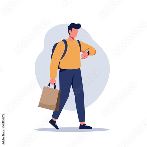Young man with backpack and shopping bag checking watch casual clothing flat style vector illustration