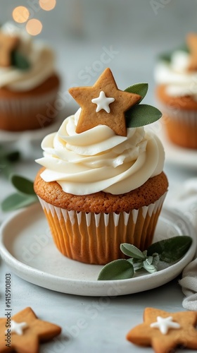 Festive Cupcake Topped With Star-Shaped Cookie and Cream Frosting for Holiday...