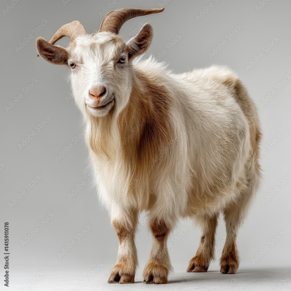 Fototapeta premium Fluffy white goat with curved horns standing against a neutral background.