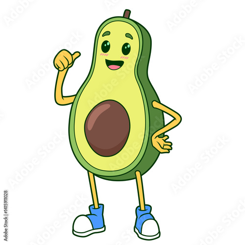 Die Avocado zeigt Daumen hoch und trägt coole Sneakers.
