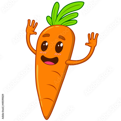 Die Karotte ist orange, fröhlich und hebt beide Arme mit einem breiten Lächeln.
