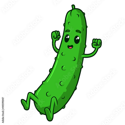 Die Gurke ist grün, fröhlich und jubelt mit erhobenen Armen.
