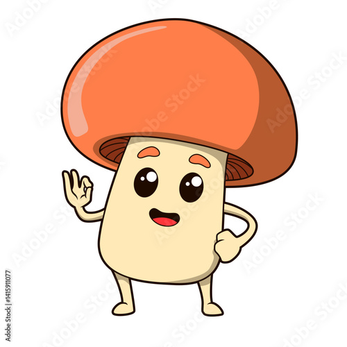Der Pilz zeigt ein „Okay“-Zeichen und hat ein freundliches, selbstsicheres Lächeln.
