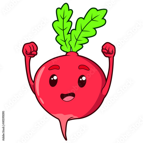 Das Radieschen ist knallrot, fröhlich und hebt stolz seine kleinen Arme.
