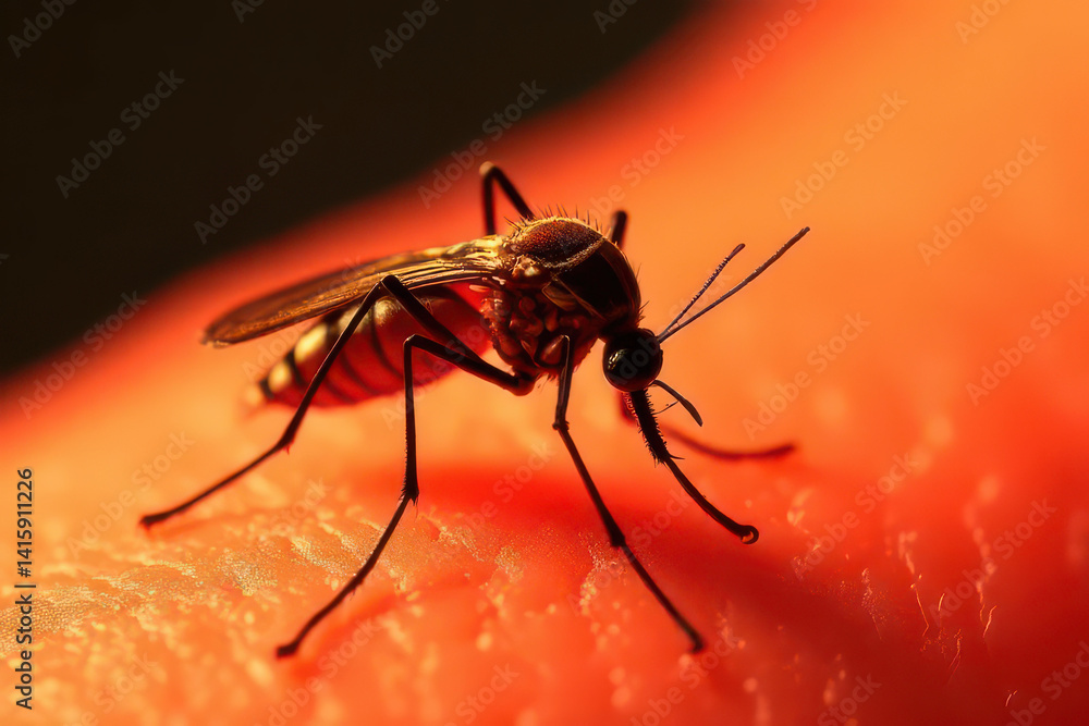 Naklejka premium Macro View of Mosquito on Sunburned Skin: Intense Redness and Ultra-Detailed Insect Body in Abstract Medical Concept