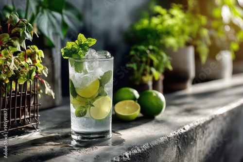 Refreshing Summer Drink With Lime and Mint Displayed on a Sunny Table Surroun...
