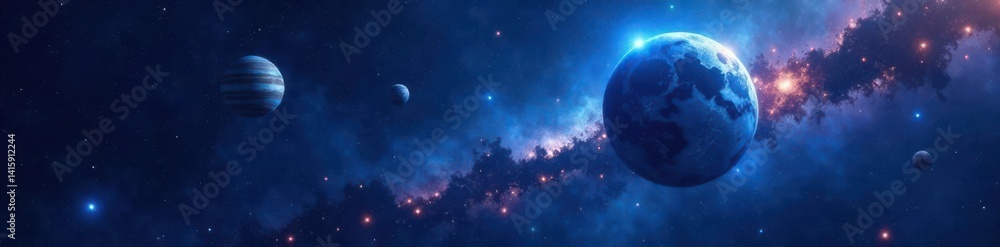 Fototapeta premium Celestial bodies floating in a dark blue cosmic sea, vastness, galaxy