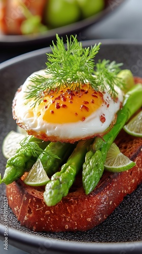 Delicious Toasted Bread Topped With Asparagus, Egg, and Lime in a Fresh, Colo...