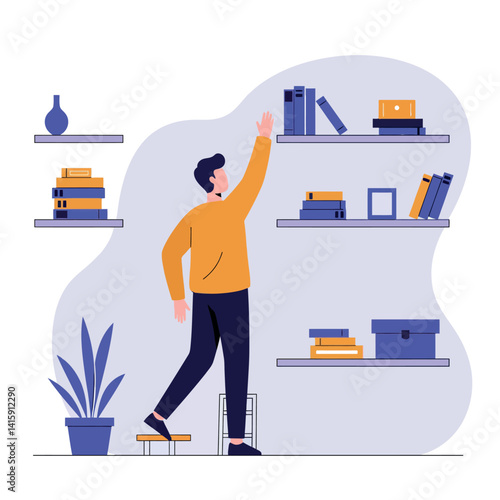 Young man reaching for books on floating shelves in minimal flat design home interior vector illustration