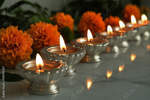 Celebration With Lit Oil Lamps and Marigold Flowers at a Festive Gathering