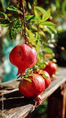 Ripe Pomegranates Hanging on a Branch in a Lush Garden During Late Afternoon ...