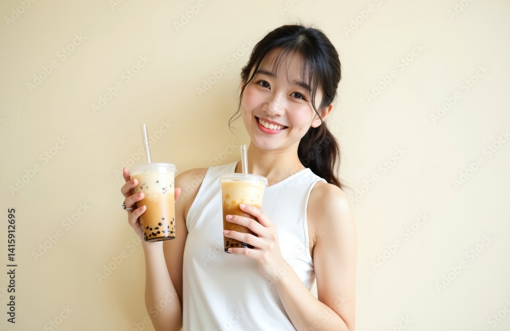 Young asian woman enjoys pearl milk tea. She holds two cups, smiles joyfully. Popular in Taiwan, ice cold tapioca boba drink with sweet taste perfect for summer refreshment. Asian cuisine. Young asian woman enjoys pearl milk tea. She holds two cups, smiles joyfully. Popular in Taiwan, ice cold tapioca boba drink with sweet taste perfect for summer refreshment. Asian cuisine.