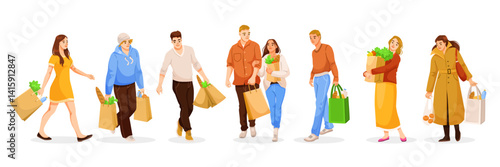 Diverse group of people walking with grocery bags in hand, wearing casual clothes, on a white background. Concept of everyday shopping. Vector illustration