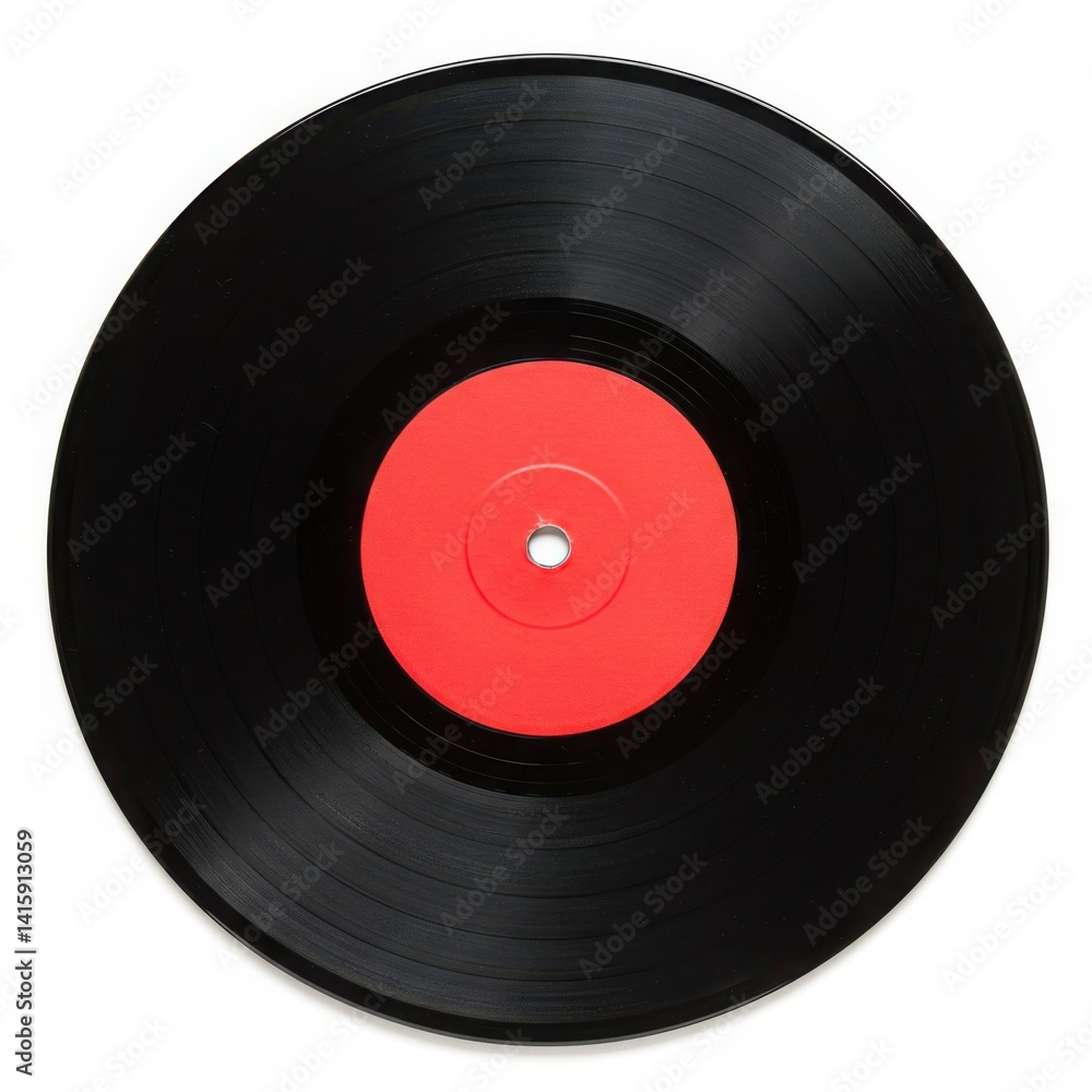 A vinyl record with a red label viewed from above on a plain surface isolated on white background A vinyl record with a red label viewed from above on a plain surface isolated on white background