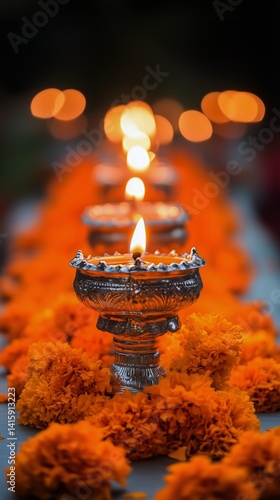 Celebratory Diya Lighting During Festival With Marigold Flowers and Soft Glow...