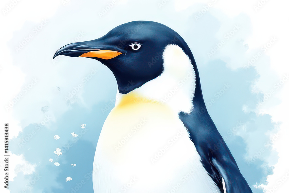 Fototapeta premium Stunning Watercolor Penguin Close-Up: Soft Pastels, Snowflakes & Artistic Flair in High-Quality Midjourney Render