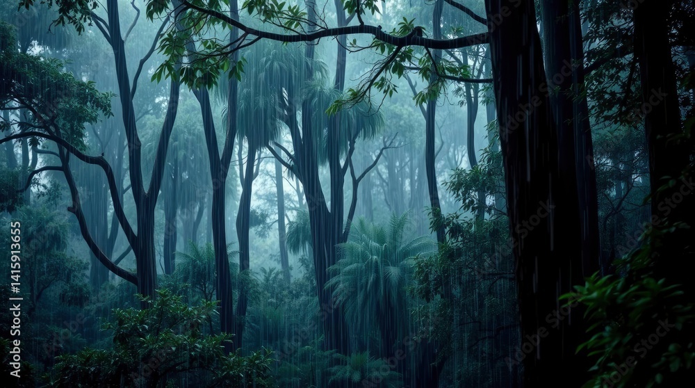 Naklejka premium Rain-Kissed Rainforest: A Serene, Moody Tropical Scene