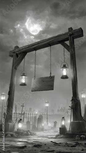 Lanterns Illuminate a Deserted Path in a Spooky Graveyard During a Foggy Night