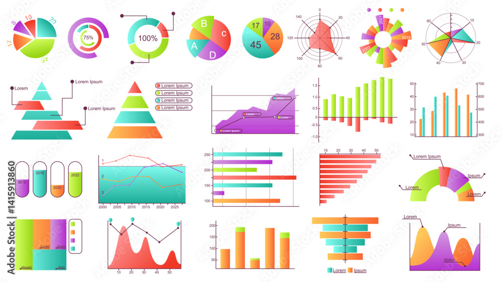 Obraz premium Collection of colorful infographic elements including pie charts, bar graphs, line charts, pyramids, and radar charts on white background. Vector illustration