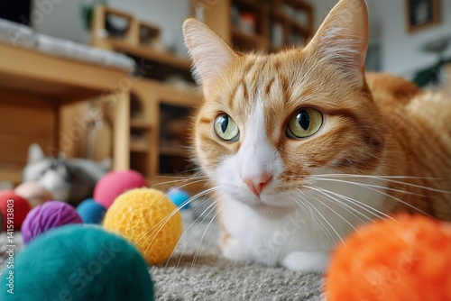 Playful Ginger Cat Exploring Colorful Yarn Balls in Cozy Living Room