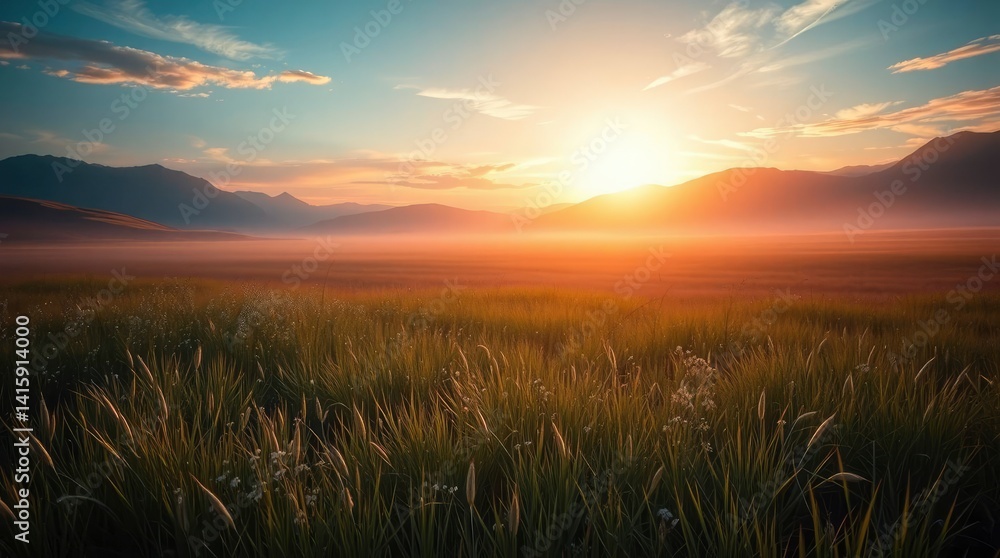 Fototapeta premium Serene Sunset: Golden Meadow and Misty Mountains