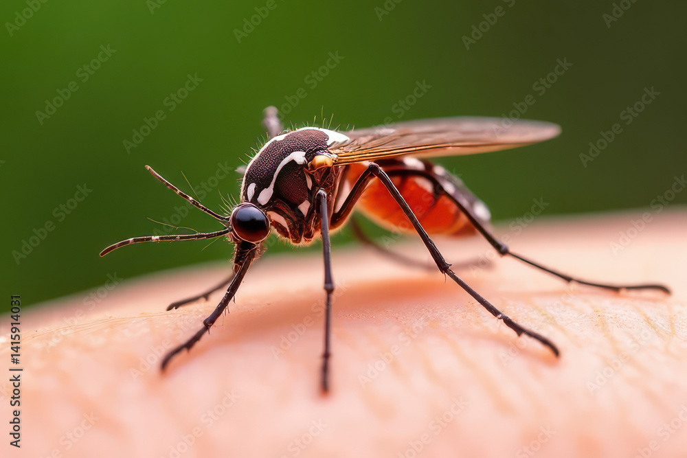 Naklejka premium Extreme Macro Mosquito on Skin: Vivid Body Texture, Delicate Wings, Natural Lighting Abstract Scientific Illustration