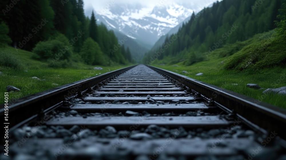 Fototapeta premium Misty mountain railway tracks through lush forest