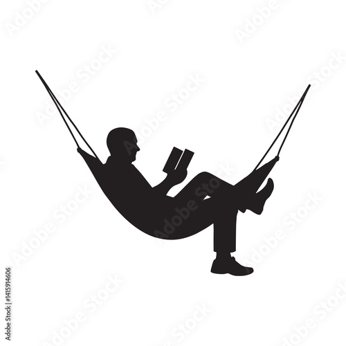 Black vector silhouette of an elderly person reading a book in a hammock. Simple minimalistic style isolated silhouette on white background.