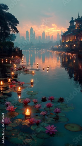 Serenity at Sunset With Floating Candles and Lotus Flowers on Tranquil Water