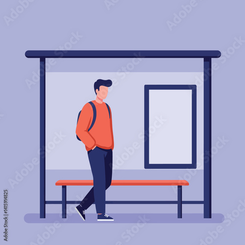 Young man wearing backpack standing at bus stop shelter in casual clothes flat style vector illustration
