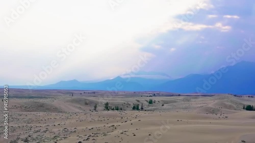 Scenic desert landscape with sand dunes and distant mountains